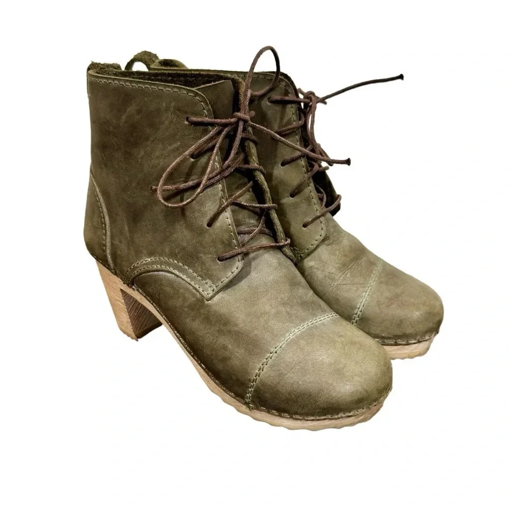 BRYR Phoebe Lace Up Leather Clog Granny Boots Sz:36